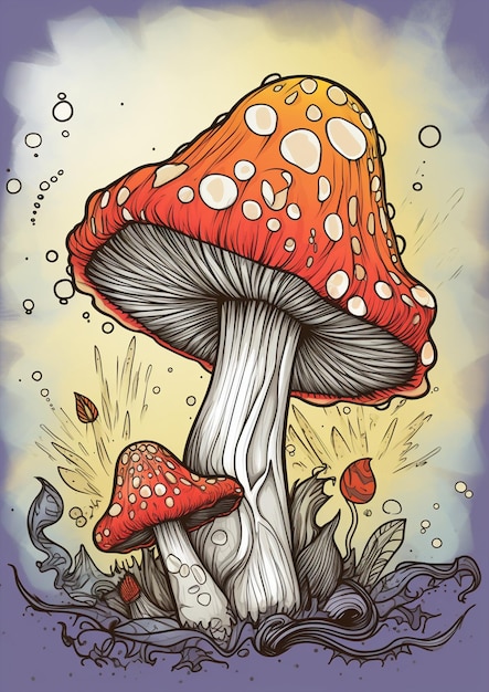 Eine Zeichnung eines Pilzes mit einer großen roten Kappe und einer gelben Kappe mit einem weißen Punkt darauf.
