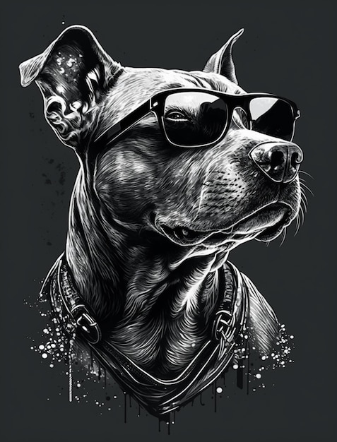 Eine Zeichnung eines Pitbulls mit Sonnenbrille und Hut.