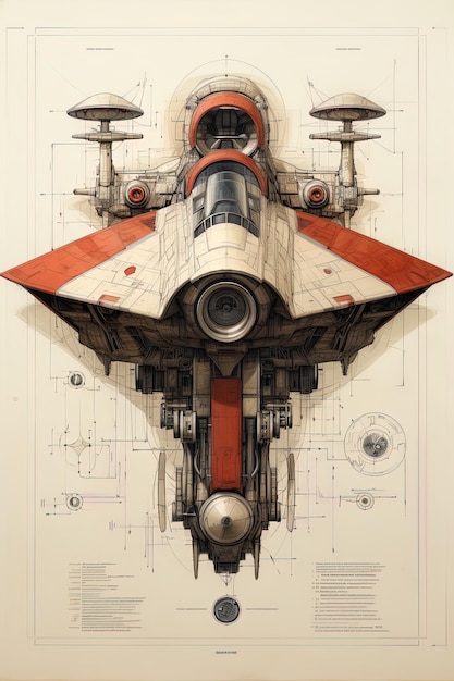 Eine Zeichnung eines Raumschiffs mit rotem und schwarzem Cover.