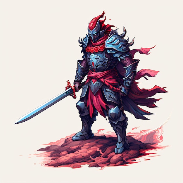 eine Zeichnung eines Ritters mit einem Schwert und einem roten Drachen