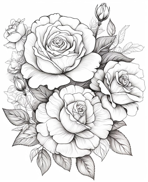 eine Zeichnung eines Rosenstraußes mit Blättern auf weißem Hintergrund, generative KI