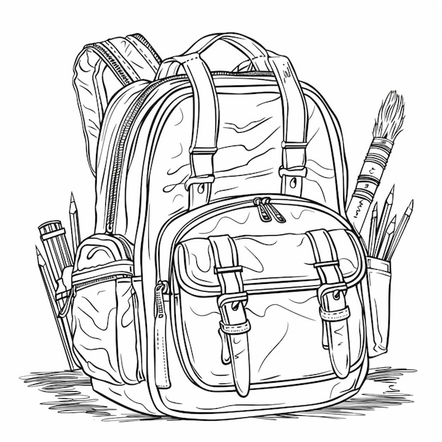 eine Zeichnung eines Rucksacks mit einer Zeichnung von Pinsel und Pinsel