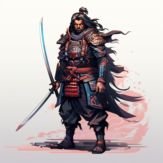 eine Zeichnung eines Samurai mit einem Schwert und einem Schwert