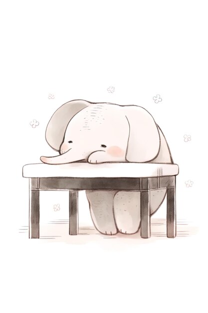 eine Zeichnung eines schlafenden Elefanten auf einem Tisch