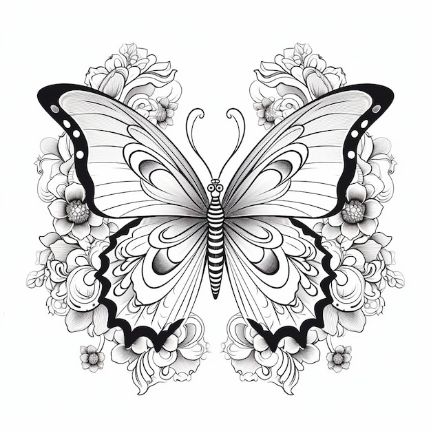 Eine Zeichnung eines Schmetterlings mit Blumen und Schmetterlingen.
