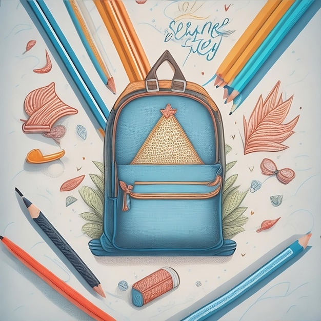 Eine Zeichnung eines Schulmaterials mit einem Rucksack und einer Zeichnung eines Dreiecks