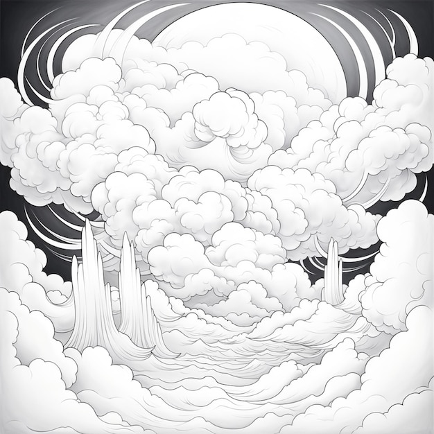 eine Zeichnung eines Schwarz-Weiß-Bildes eines Berges mit Wolken, generative KI