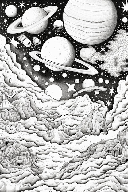 eine Zeichnung eines Schwarz-Weiß-Bildes von generativen Planeten und Wolken