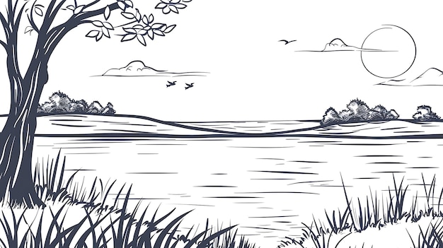 eine Zeichnung eines Sees mit einem See und Gras und Vögeln, die im Himmel fliegen