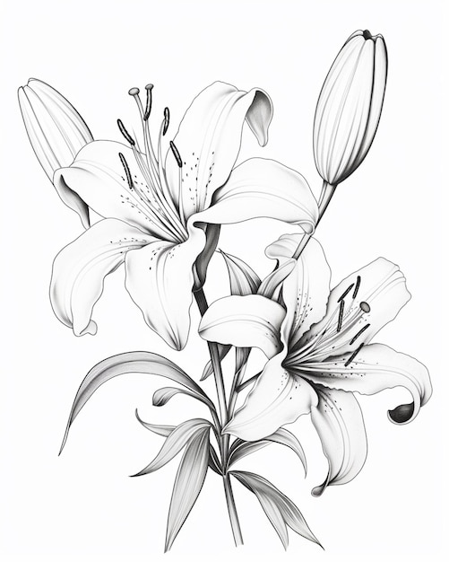 eine Zeichnung eines Straußes weißer Blumen auf weißem Hintergrund, generative KI