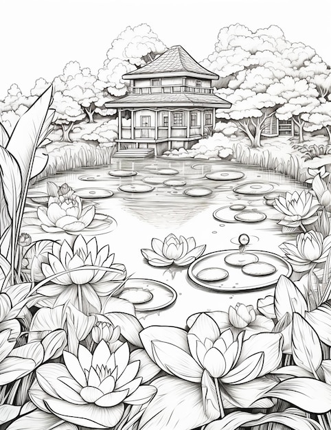 Foto eine zeichnung eines teiches mit seerosen und einer pagode im hintergrund, generative ki