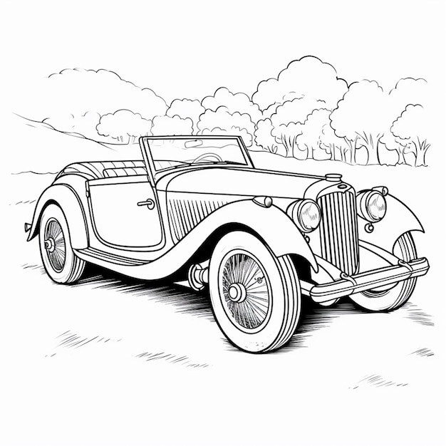 eine Zeichnung eines Vintage-Autos mit einem Fahrer im hinteren generativen Ai