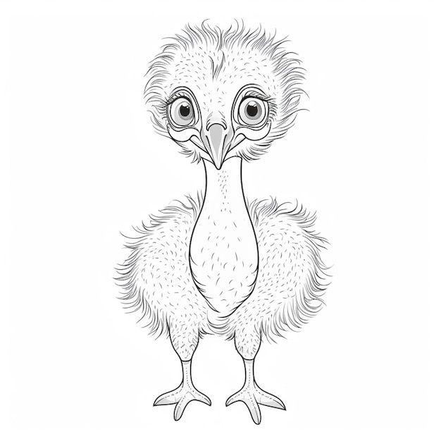 Eine Zeichnung eines Vogelbabys mit großen grünen Augen.