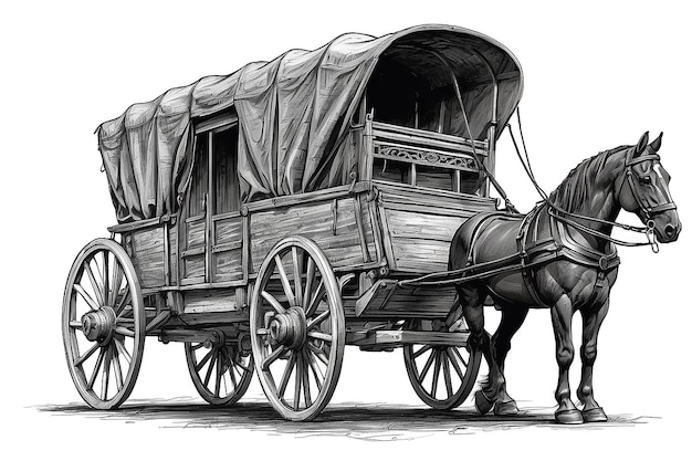 Eine Zeichnung eines Wagens mit einem darauf gezogenen Pferd generative ai