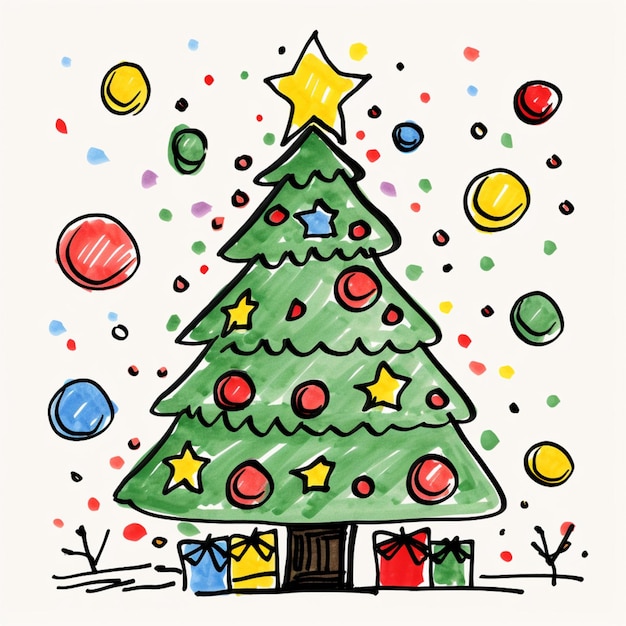 eine Zeichnung eines Weihnachtsbaums mit Geschenken und einem Stern generativ ai