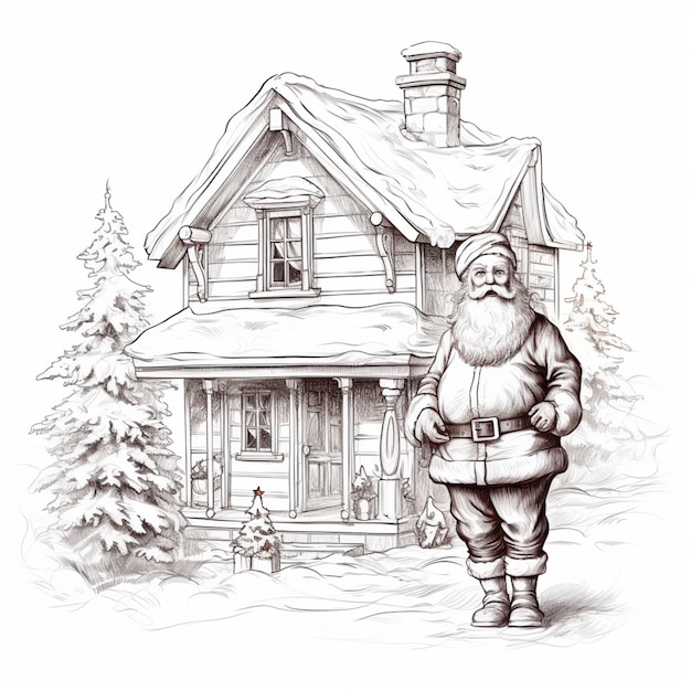 Eine Zeichnung eines Weihnachtsmannes, der vor einem Haus steht