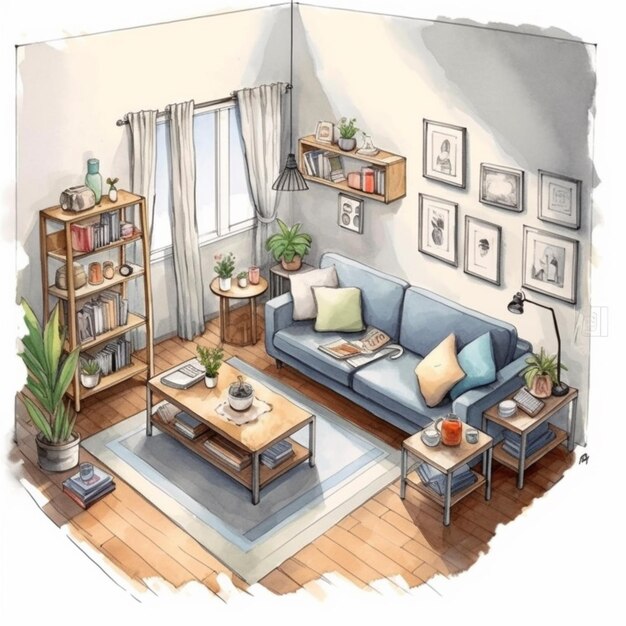 Foto eine zeichnung eines wohnzimmers mit einer couch generative ai