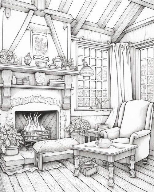 eine Zeichnung eines Wohnzimmers mit Kamin und einem Sessel