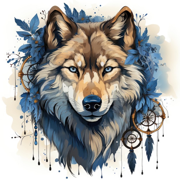 Eine Zeichnung eines Wolfes mit blauen Augen. Digitales Bild