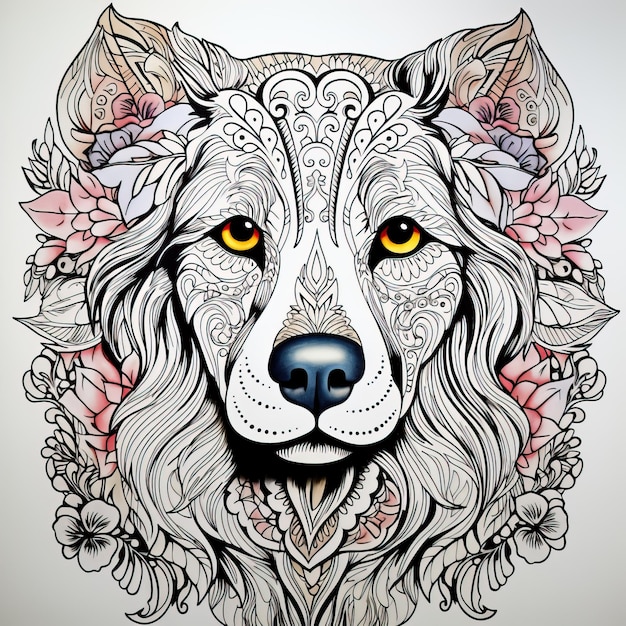 eine Zeichnung eines Wolfes mit Blumen und ein Bild eines Wolfes