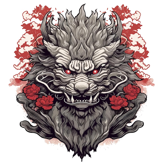 Eine Zeichnung eines Wolfes mit roten Augen und Hörnern.