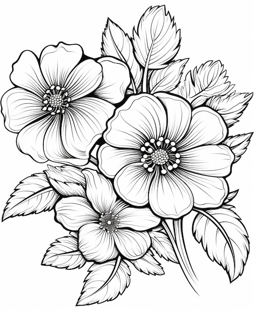 eine Zeichnung von Blumen mit Blättern und Blumen auf einem weißen Hintergrund