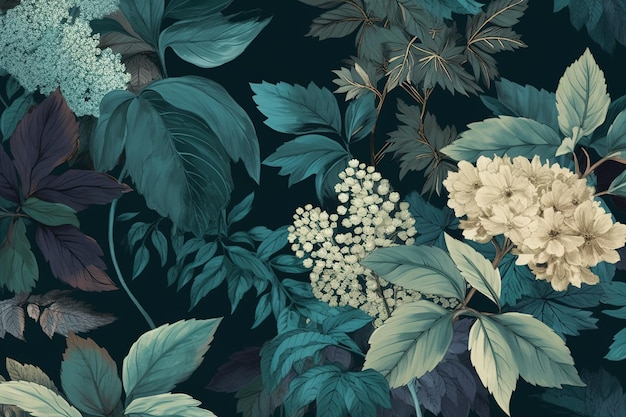 eine Zeichnung von Blumen und Blättern vor einem dunklen Hintergrund