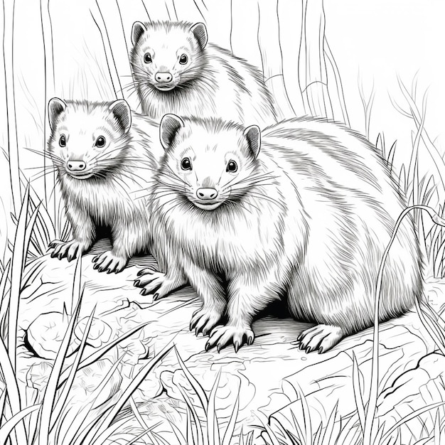 eine Zeichnung von drei Frettchen, die auf einem Felsen im Gras sitzen