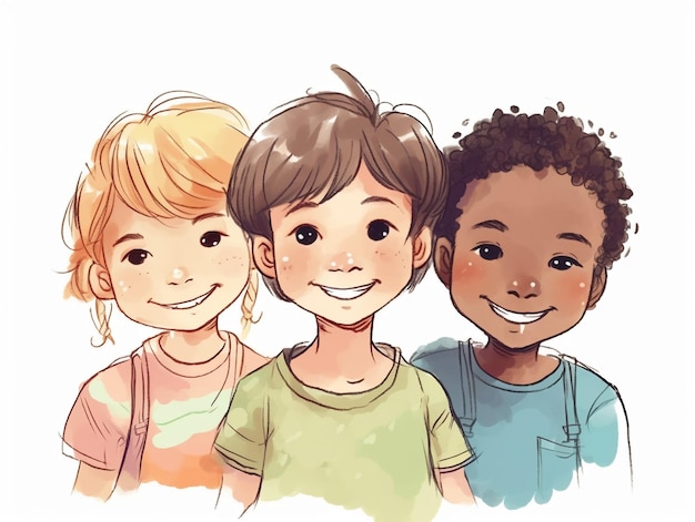 Eine Zeichnung von drei Kindern, von denen eines ein grünes Hemd mit der Aufschrift „Ich liebe dich“ trägt.