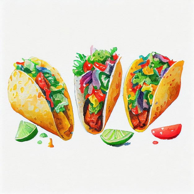Foto eine zeichnung von drei tacos mit einer tomate auf der spitze.