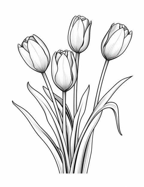 eine Zeichnung von drei Tulpen in einer Vase mit generativen Blättern ai