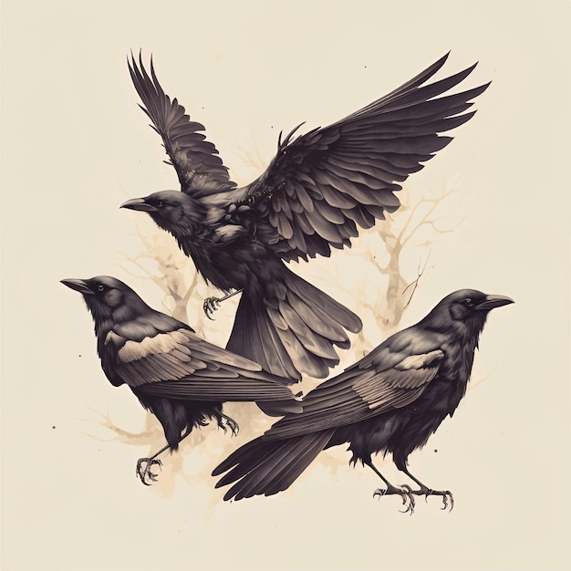 Eine Zeichnung von drei Vögeln, von denen einer in der Luft fliegt