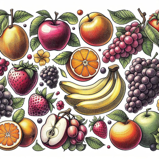Foto eine zeichnung von früchten und bananen mit dem wort frucht darauf