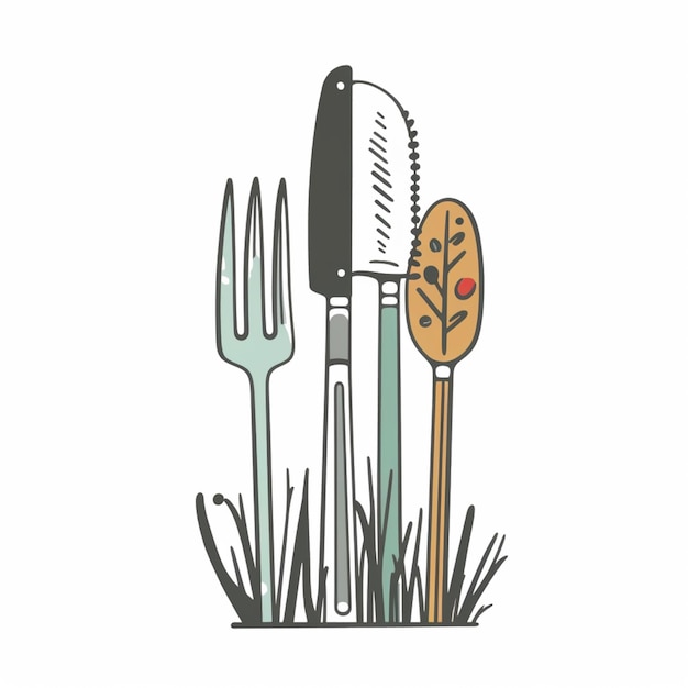 Eine Zeichnung von Gartengeräten und einem Messer mit einem Blatt darauf.