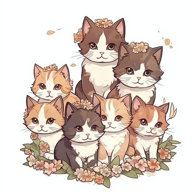 Eine Zeichnung von Katzen in Blumen.