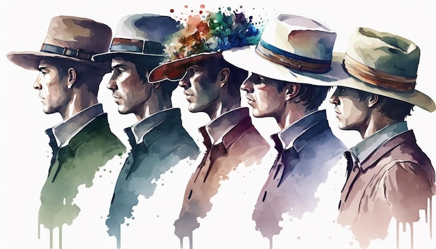 Eine Zeichnung von Männern, die Hüte mit der Aufschrift „'s“ tragen