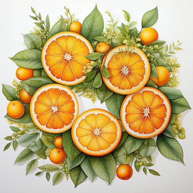 eine Zeichnung von Orangen und Blättern mit den Wörtern Orangen darauf