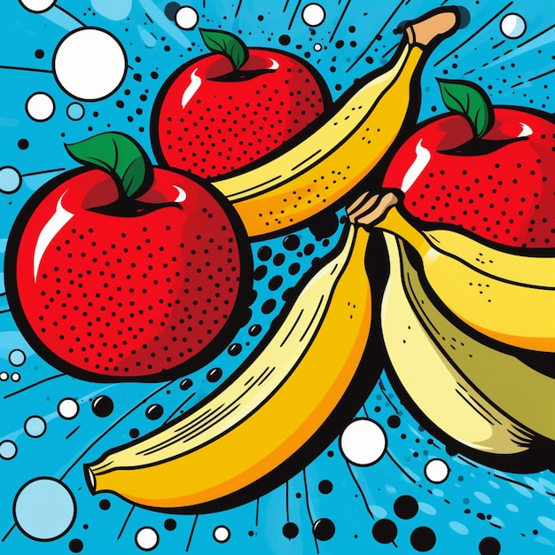 Eine Zeichnung von Äpfeln und Bananen mit blauem Hintergrund