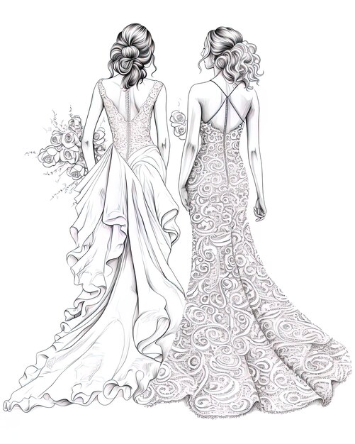 eine Zeichnung von zwei Frauen in einem Brautkleid