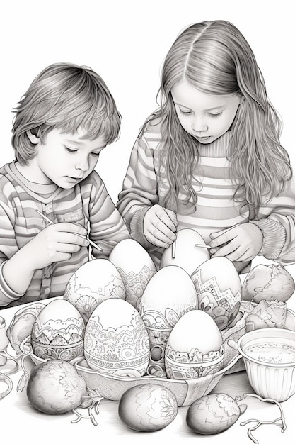 Foto eine zeichnung von zwei kindern, die eier mit dem wort eier an der spitze ansehen