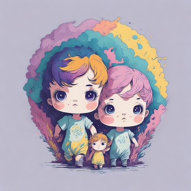 Eine Zeichnung von zwei Kindern mit lila Haaren und einer Puppe.