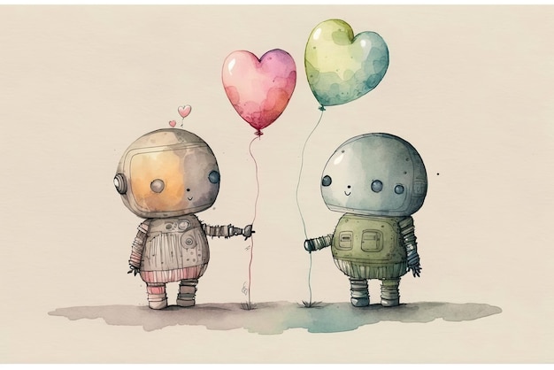 Eine Zeichnung von zwei Robotern, die Luftballons halten