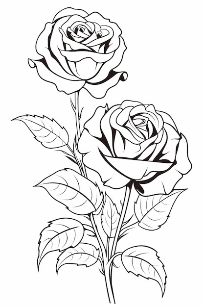 eine Zeichnung von zwei Rosen mit Blättern auf einem weißen Hintergrund