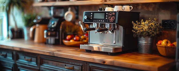 Eine zeitgenössische intelligente Kaffeemaschine mit weißer Tapete