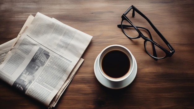 Eine Zeitung und eine Tasse Kaffee auf einem Tisch mit Gläsern und einem Stift.