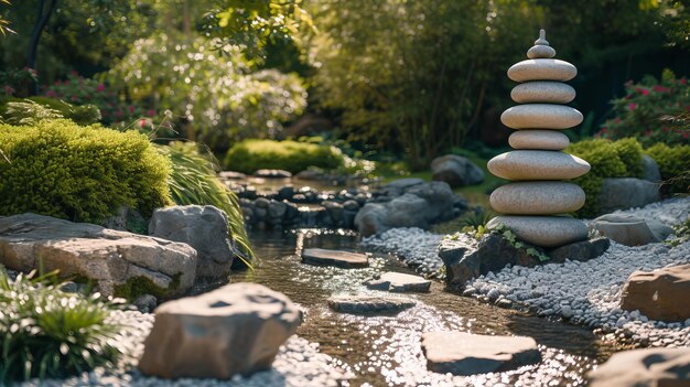 Foto eine zen-gartenszene, die perfekt zur darstellung von ruhe und gleichgewicht ausgerichtet ist, elemente der natur, wasser, ki, generativ.