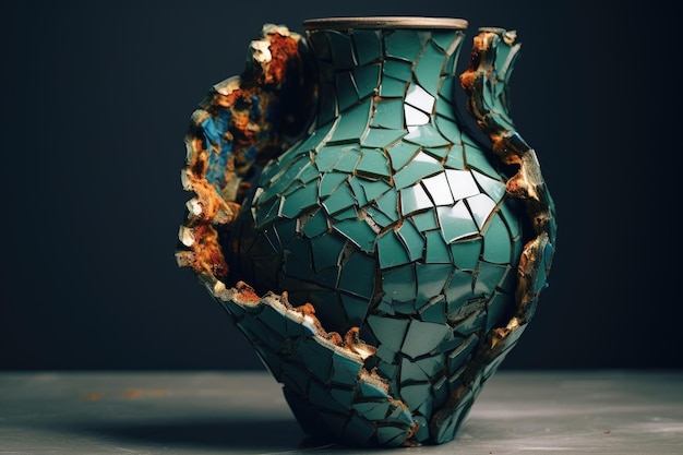 Foto eine zerbrochene vase, wieder zusammengeklebt