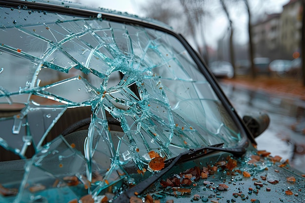 Eine zerbrochene Windschutzscheibe eines Autos mit viel Glas darauf und eine Person im Hintergrund, die auf die