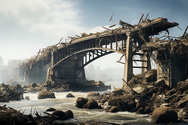 Eine zerfallende Stadtbrücke inmitten der Trümmer einer verwüsteten Stadt
