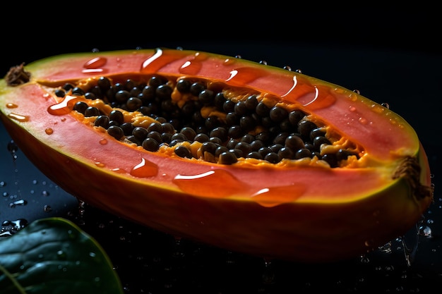 Eine zerschnittene Papaya mit schwarzen Samen darauf